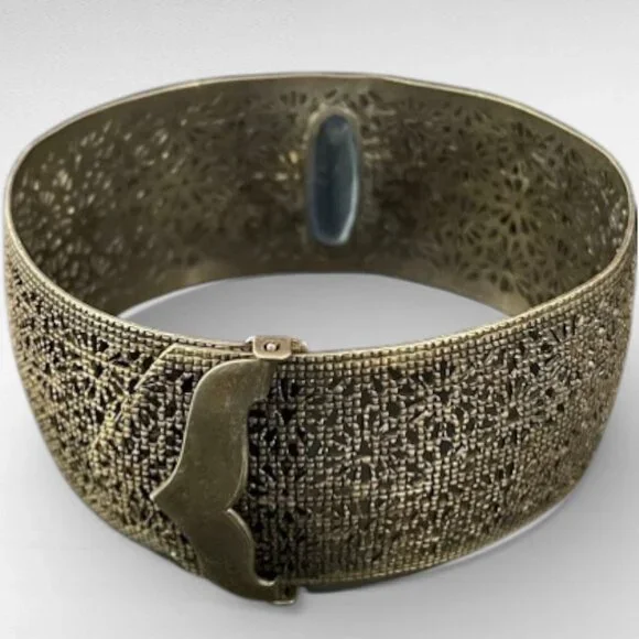 Antique Art Deco Wide Filigree Blue Glass Center Stone Buckle Bracelet - Picture 8 of 13